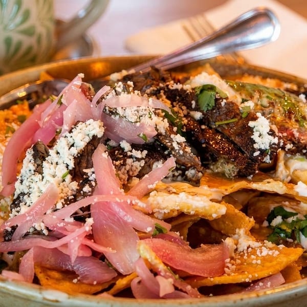 Chilaquiles with steak, pickled red onions, cotija cheese, and crema in a rustic bowl.