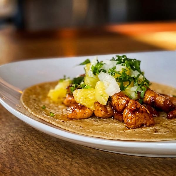 A chicken taco with pineapple, onions, and cilantro, served with a lime wedge and two sauce cups.