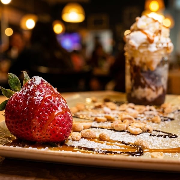A strawberry with powdered sugar and caramel, peanuts, and a parfait on a plate.
