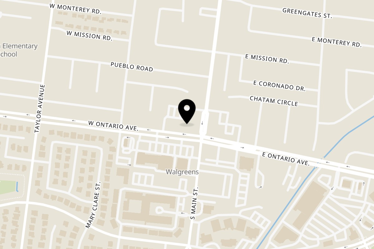 Map showing the location of De Poca Madre on 163 W Ontario Ave STE 101 in Corona
